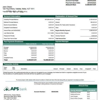 Malta APS Bank PLC mortgage statement Word and PDF template download template file