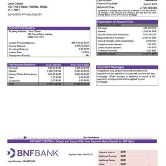 Malta BNF Bank mortgage statement Word and PDF template download template file