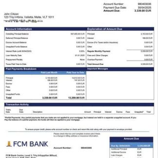 Malta FCM Bank mortgage statement Word and PDF template download template file
