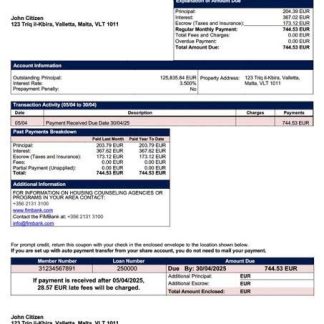 Malta FIMBank mortgage statement Word and PDF template download template file