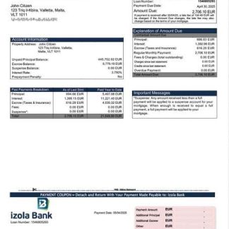 Malta Izola Bank mortgage statement Word and PDF template download template file