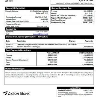 Malta Lidion Bank mortgage statement Word and PDF template download template file