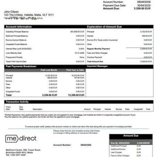 Malta MeDirect Bank mortgage statement Word and PDF template download template file