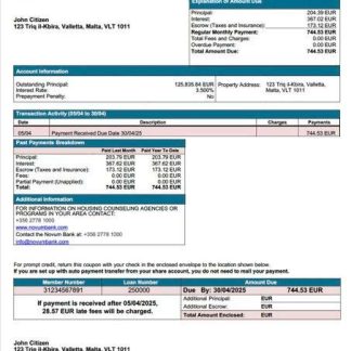 Malta Novum Bank mortgage statement Word and PDF template download template file