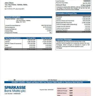 Malta Sparkasse Bank Malta PLC mortgage statement Word and PDF template download template file