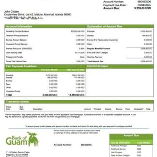 Marshall Islands Bank of Guam mortgage statement Word and PDF template download template file