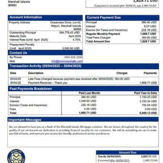 Marshall Islands Bank of the Marshall Islands mortgage statement Word and PDF template download template file