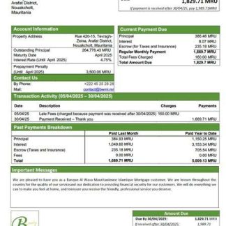 Mauritania Banque Al Wava Mauritanienne Islamique mortgage statement Word and PDF template download template file