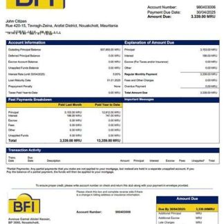 Mauritania Banque des Financements Islamiques (BFI) mortgage statement Word and PDF template download template file