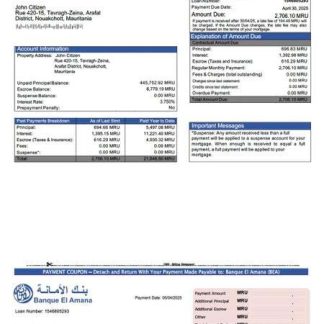 Mauritania Banque El Amana (BEA) mortgage statement Word and PDF template download template file