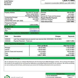 Mauritania Banque Mauritanienne de l'Investissement (BMI) mortgage statement Word and PDF template download template file
