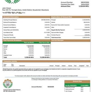 Mauritania Banque Nationale de Mauritanie (BNM) mortgage statement Word and PDF template download template file