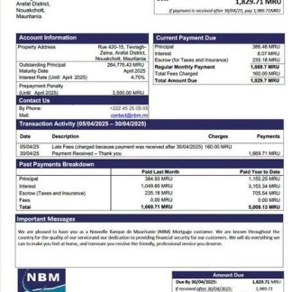 Mauritania Nouvelle Banque de Mauritanie (NBM) mortgage statement Word and PDF template download template file