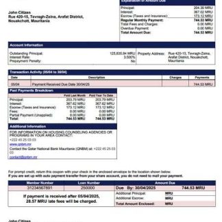 Mauritania Qatar National Bank Mauritanie (QNBM) mortgage statement Word and PDF template download template file
