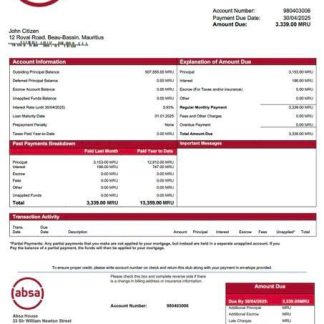 Mauritius Absa Bank mortgage statement Word and PDF template download template file