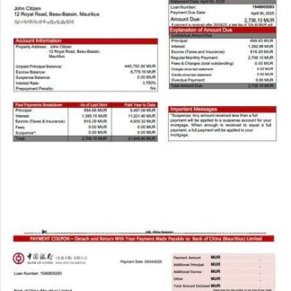 Mauritius Bank of China (Mauritius) Limited mortgage statement Word and PDF template download template file