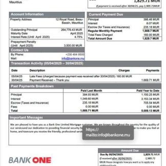 Mauritius Bank One Limited mortgage statement Word and PDF template download template file