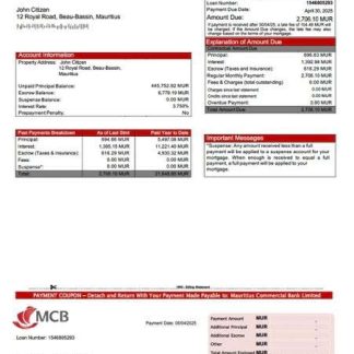 Mauritius Commercial Bank Limited mortgage statement Word and PDF template download template file