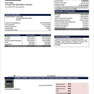 Mauritius MauBank Limited mortgage statement Word and PDF template download template file
