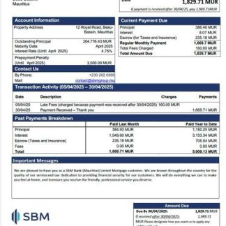 Mauritius SBM Bank (Mauritius) Limited mortgage statement Word and PDF template download template file