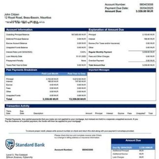 Mauritius Standard Bank (Mauritius) Limited mortgage statement Word and PDF template download template file
