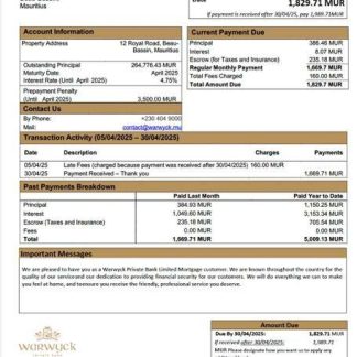 Mauritius Warwyck Private Bank Limited mortgage statement Word and PDF template download template file