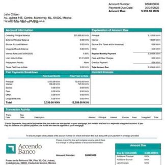 Mexico Accendo Banco mortgage statement Word and PDF template download template file