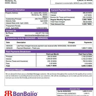 Mexico BanBajío mortgage statement Word and PDF template download template file