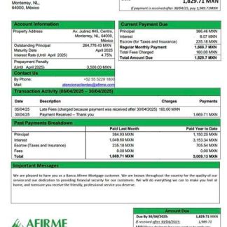 Mexico Banca Afirme mortgage statement Word and PDF template download template file