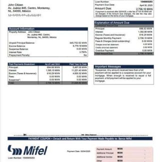 Mexico Banca Mifel mortgage statement Word and PDF template download template file