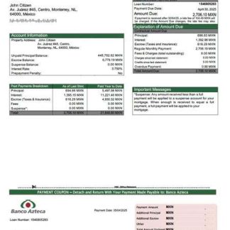 Mexico Banco Azteca mortgage statement Word and PDF template download template file