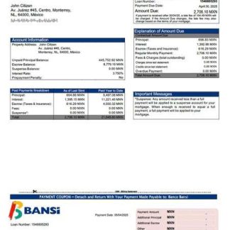 Mexico Banco Bansi mortgage statement Word and PDF template download template file