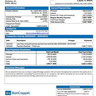 Mexico Banco Coppel mortgage statement Word and PDF template download template file