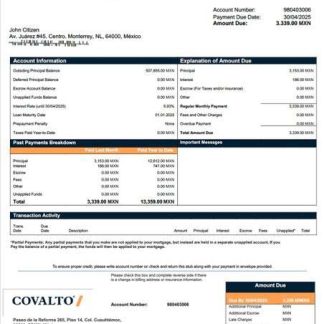 Mexico Banco Covalto mortgage statement Word and PDF template download template file