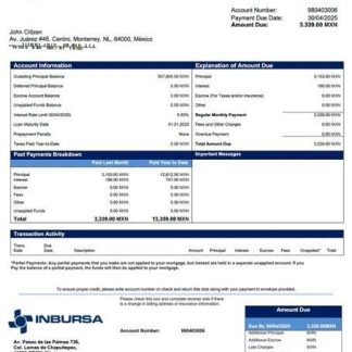 Mexico Banco Inbursa mortgage statement Word and PDF template download template file