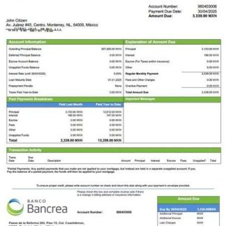 Mexico Bancrea mortgage statement Word and PDF template download template file
