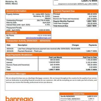 Mexico BanRegio mortgage statement Word and PDF template download template file
