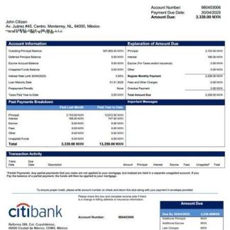Mexico Citibank Mexico mortgage statement Word and PDF template download template file