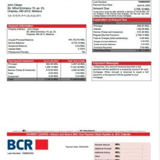 Moldova BCR Chișinău mortgage statement Word and PDF template download template file