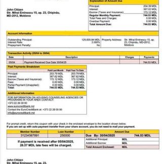 Moldova EuroCreditBank mortgage statement Word and PDF template download template file