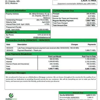 Moldova MobiasBanca mortgage statement Word and PDF template download template file