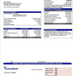 Moldova Victoriabank mortgage statement Word and PDF template download template file