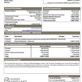 Monaco Banque Havilland mortgage statement Word and PDF template download template file