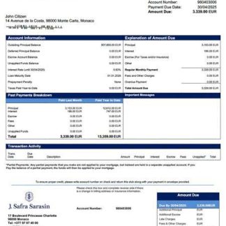 Monaco Banque J. Safra (Monaco) mortgage statement Word and PDF template download template file