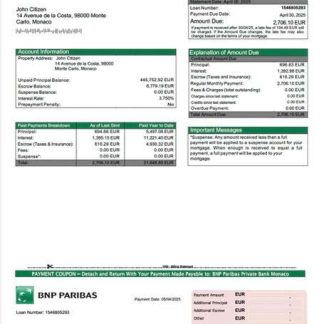 Monaco BNP Paribas Private Bank Monaco mortgage statement Word and PDF template download template file
