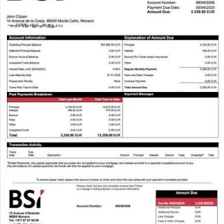 Monaco BSI Monaco mortgage statement Word and PDF template download template file