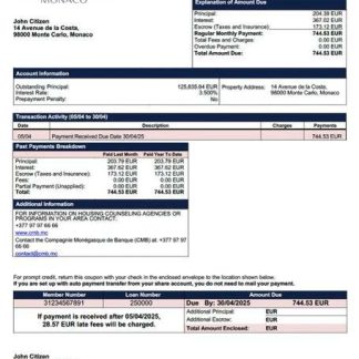 Monaco Compagnie Monégasque de Banque (CMB) mortgage statement Word and PDF template download template file
