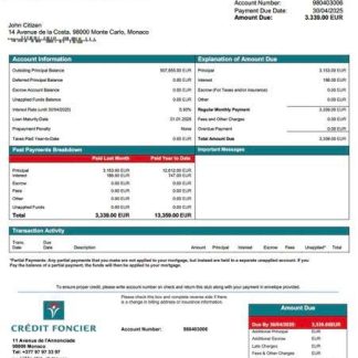 Monaco Credit Foncier de Monaco mortgage statement Word and PDF template download template file