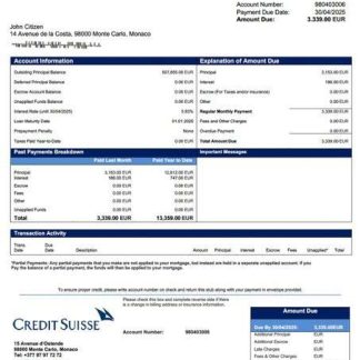 Monaco Credit Suisse (Monaco) mortgage statement Word and PDF template download template file