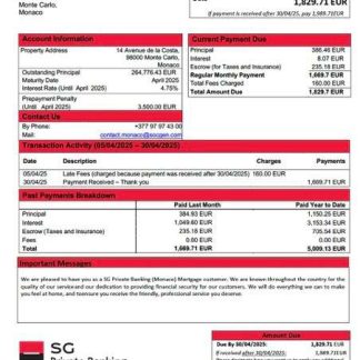 Monaco SG Private Banking (Monaco) mortgage statement Word and PDF template download template file